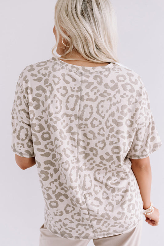 Brown Leopard Print V Neck Plus Size T Shirt