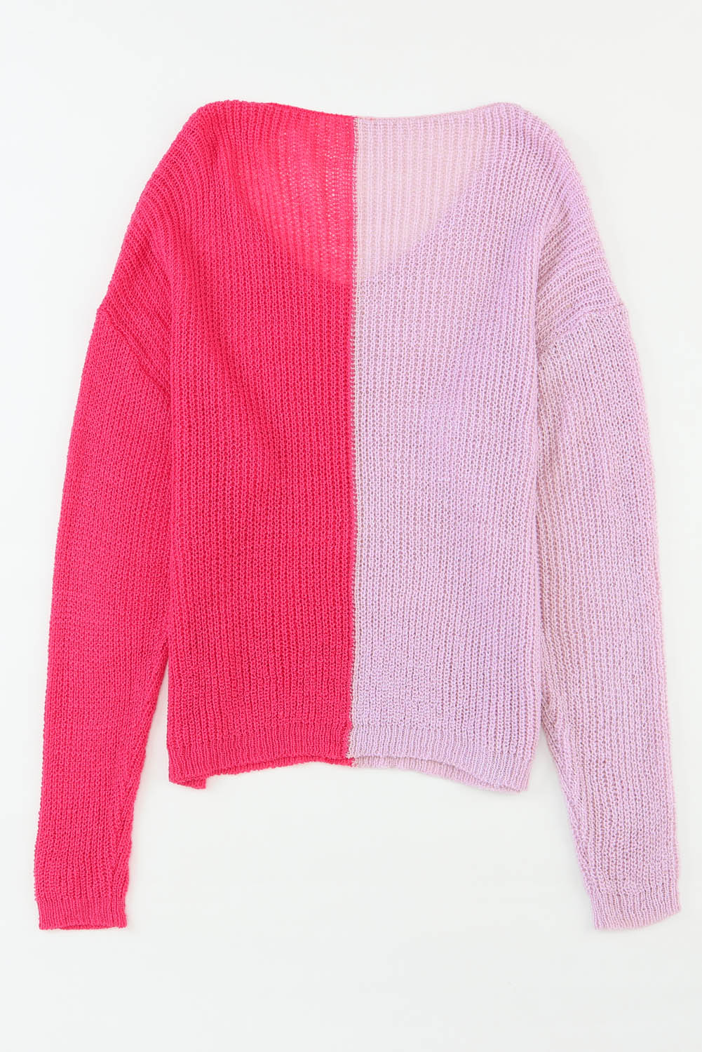 Pull rose à manches longues et col en V colorblock