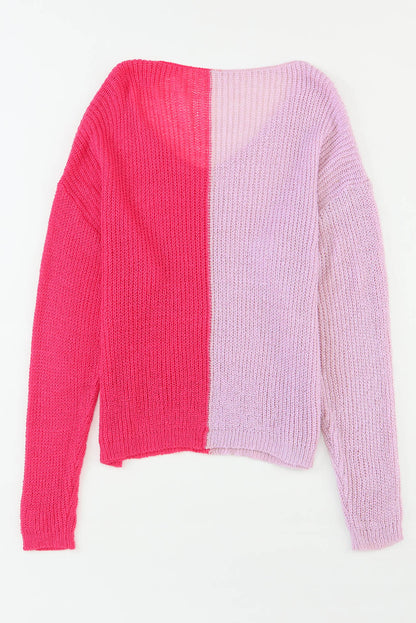 Pull rose à manches longues et col en V colorblock