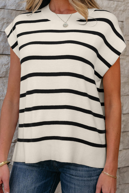 White Side Slits Crewneck Short Sleeve Sweater Tee