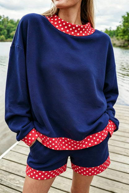 Navy Blue Polka Dot Trim Baggy Pullover 2pcs Short Set
