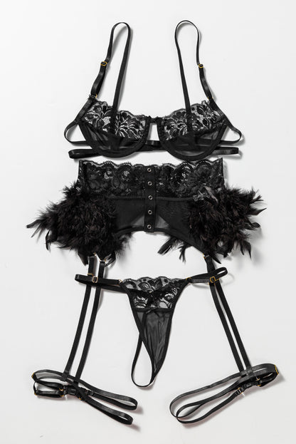 3 piezas set de lencería de malla de encaje con liguero de plumas 
