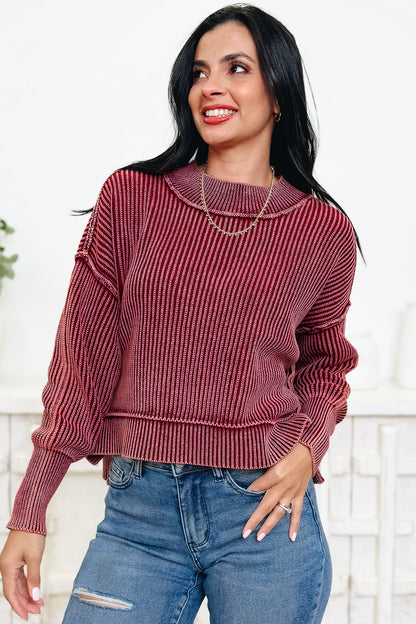 Red Dahlia Drop Shoulder High Neck Ribbed Sweater