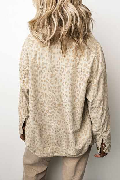 Khaki Leopard Print Corduroy Shirt Collar Long Sleeve Regular Fit Jacket