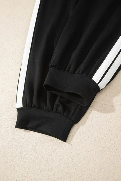 Black Varsity Striped Detail Loose Tee Jogger Pants 2pcs Outfit