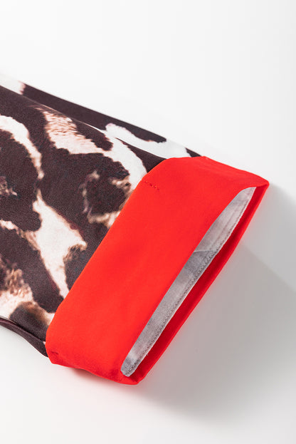 Chemise à manches mi-longues à imprimé léopard et bordure contrastée marron foncé