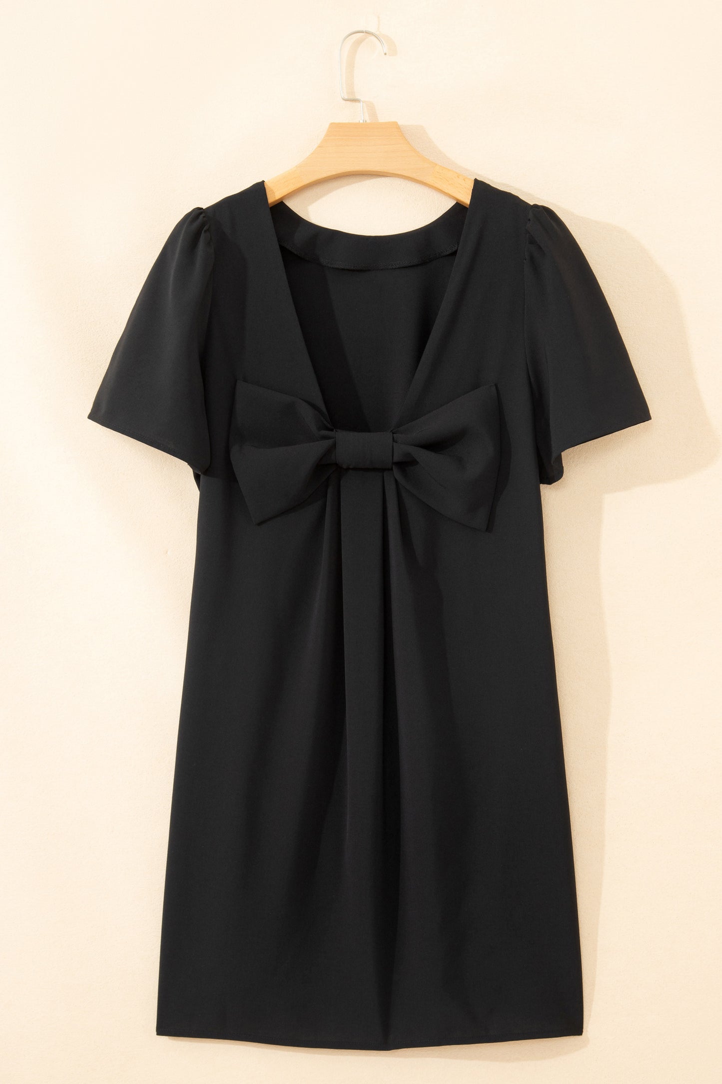 Black Bow Decor Backless Short Sleeve Shift Mini Dress