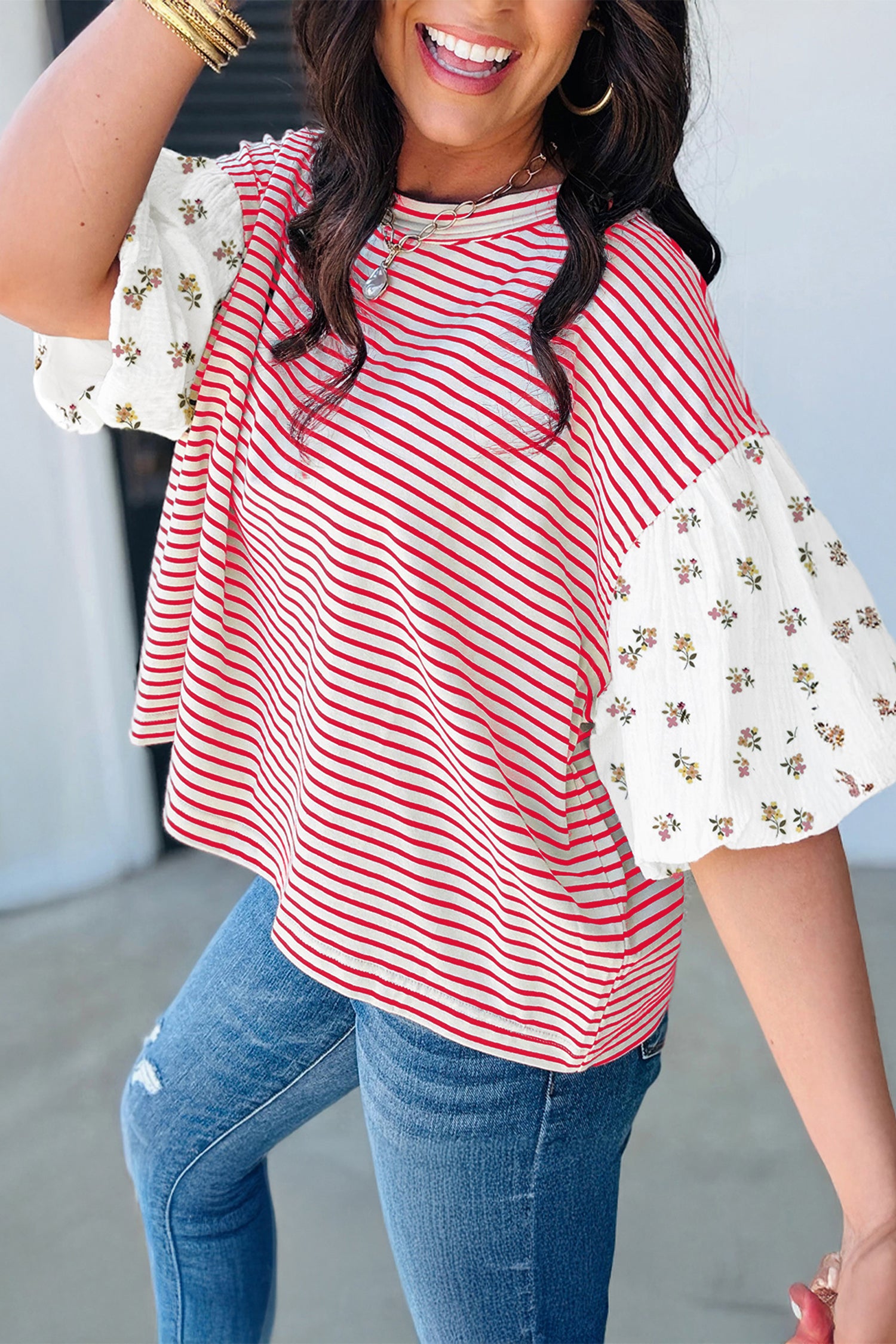 Red Stripe Floral Puff Sleeve Patchwork Round Neck Loose Top