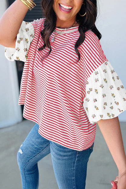 Red Stripe Floral Puff Sleeve Patchwork Round Neck Loose Top