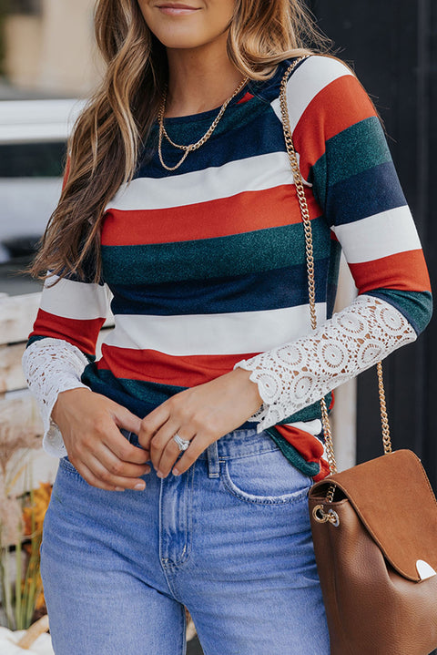 Green Striped Lace Splicing Long Sleeve Top