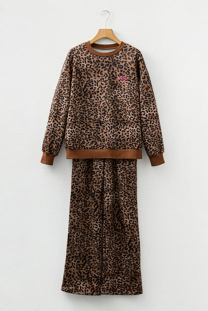 Coffee Leopard Print Contrast Trim Long Sleeve Top and Pants Set