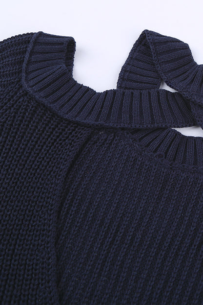 Suéter de punto acanalado con hombros descubiertos y cinturón cruzado sin espalda para mujer, informal, holgado, de manga larga, Color sólido, para invierno