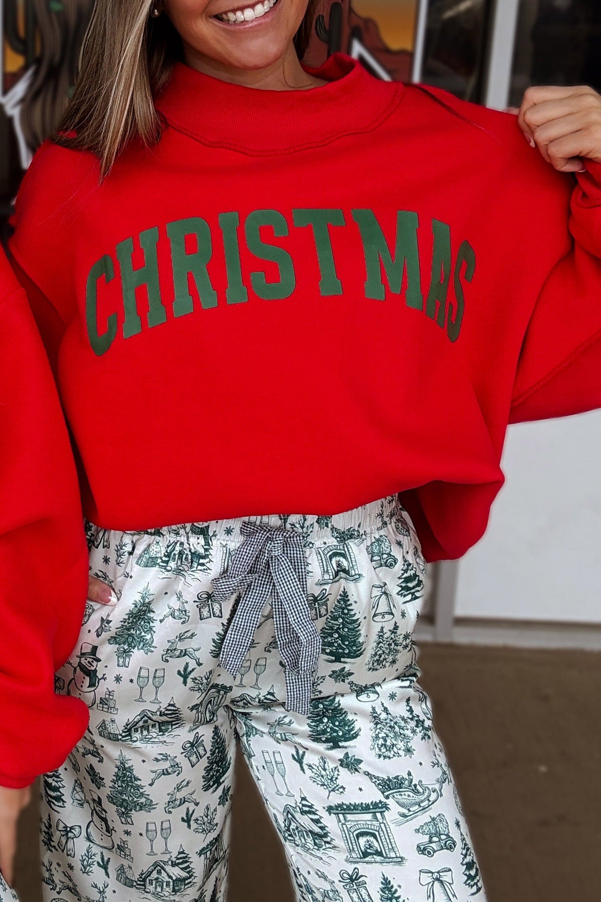 Fiery Red MERRY/CHRISTMAS Reversible Print Mock Neck Baggy Pullover Sweatshirt