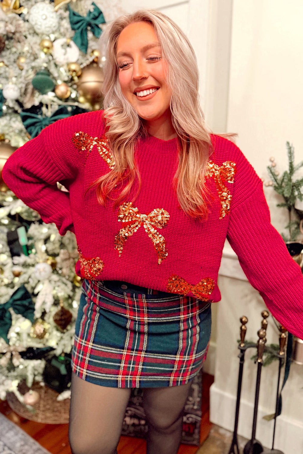 Fiery Red Sequin Bow Accent Drop Shoulder Festive Sweater