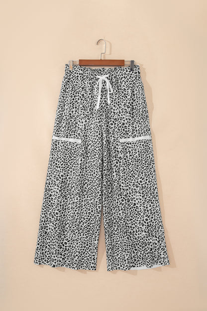 Gray Animal Print Wide Leg Terry Knit Pants