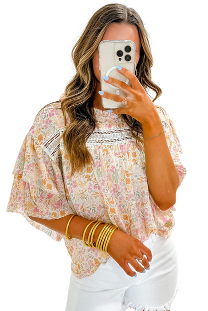 Blusa con mangas anchas y volantes con estampado floral multicolor 