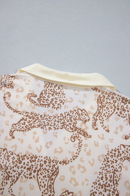 Yellow Leopard Print Colorblock Pocket Placket Long Sleeve Lounge Set