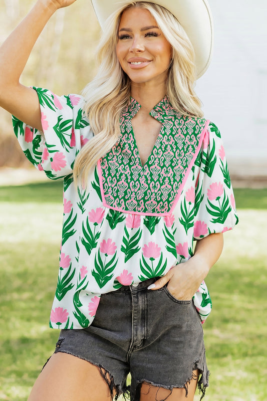 Multicolour Floral Print Puff Sleeve Contrast Bordered V Neck Blouse