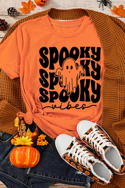 T-shirt d'Halloween orange à col ras du cou et imprimé fantôme