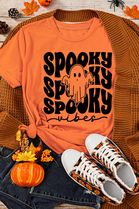 T-shirt d'Halloween orange à col ras du cou et imprimé fantôme