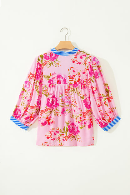 Multicolour Floral Half Sleeve Striped Trim V Neck Blouse