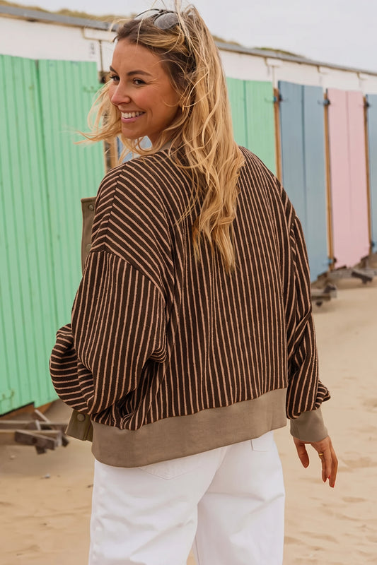 Brown Stripe Striped V Neck Patchwork Long Sleeve Regular Fit Cardigan