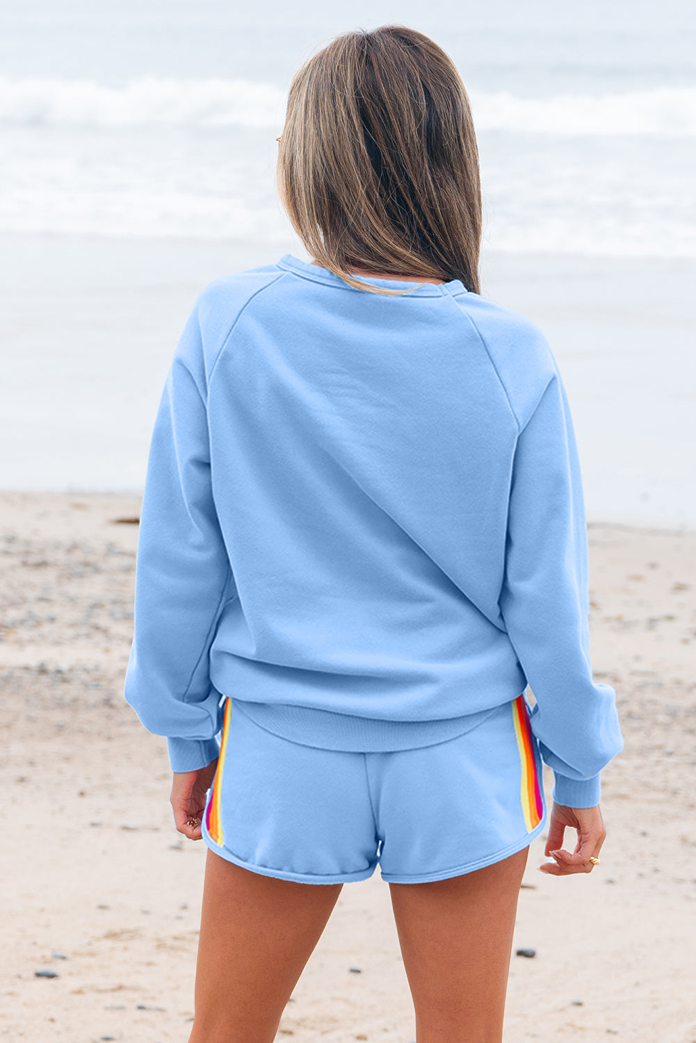 Bonbon Striped Accent Pullover and Shorts Two Piece Casual Set