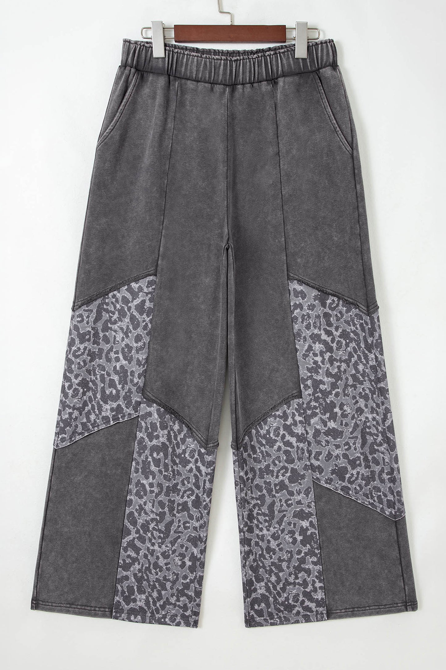 Dark Grey Mineral Wash Leopard Patchwork Loose Pants