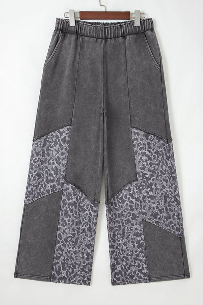 Dark Grey Mineral Wash Leopard Patchwork Loose Pants