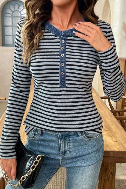 Gray Stripe Denim Contrast Collar Half Button Long Sleeve Top