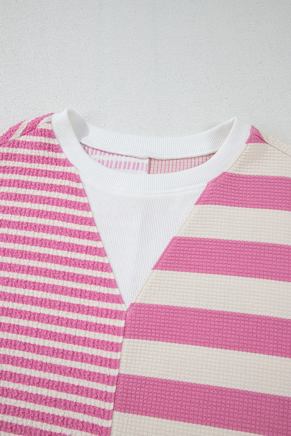 Pink Stripe Patchwork Textured Short Sleeve High Low Loose Top