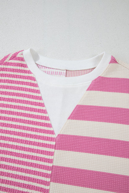 Pink Stripe Patchwork Textured Short Sleeve High Low Loose Top