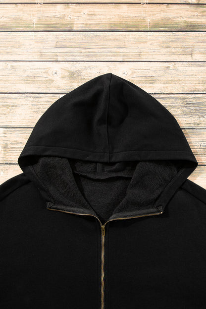 Black Fleece Lined Half Zipper Kangaroo Pockets Loose Hoodie