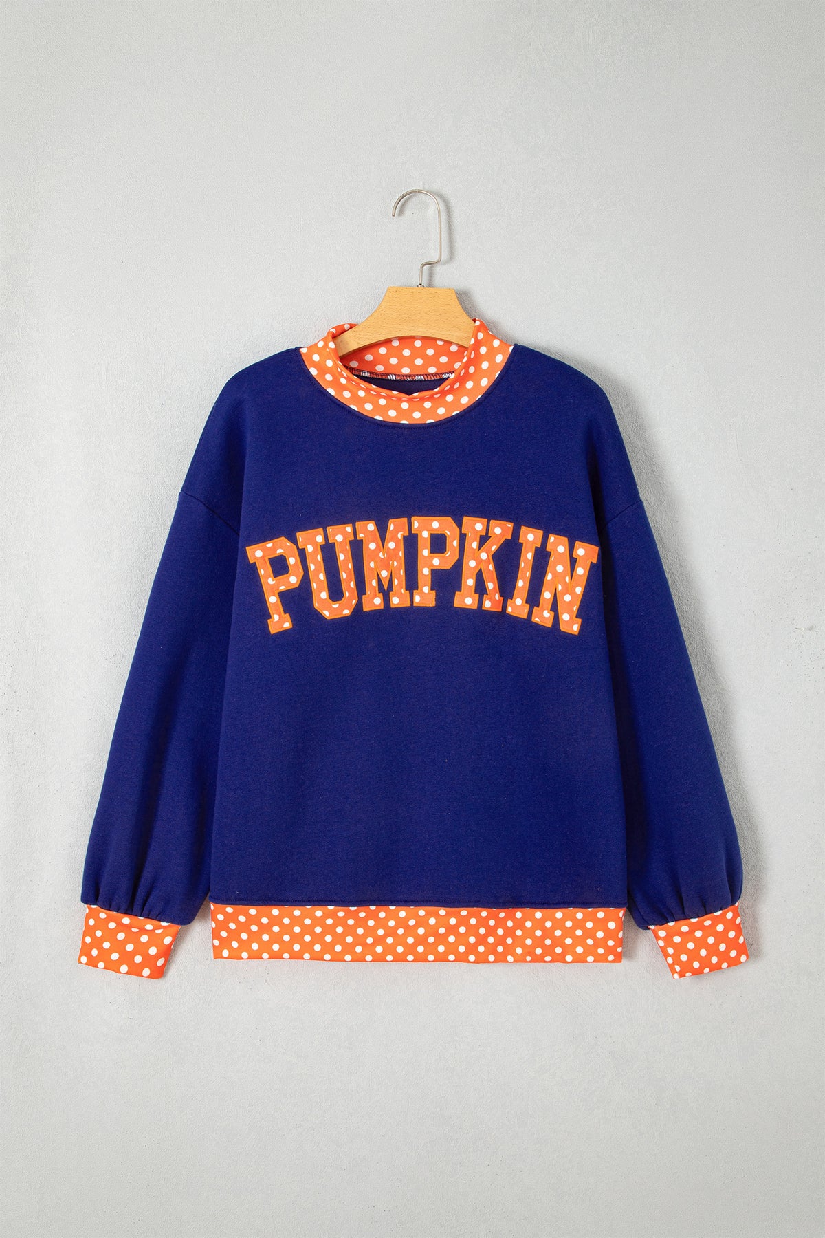 Sail Blue Polka Dot Letter Print Contrast Trim Mock Neck Sweatshirt