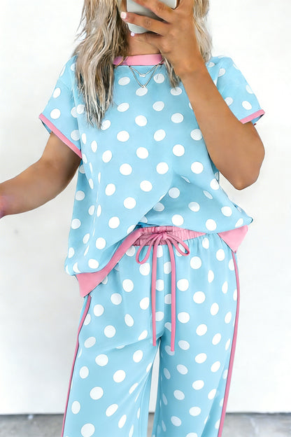 Sky Blue Polka Dot Short Sleeve Top and Pants Set