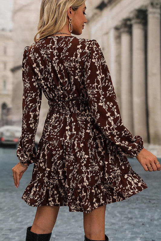 Brown Ditsy Floral Print Split Neck Long Sleeve Shirred Waist Flared Mini Dress