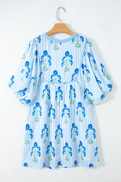Sky Blue Floral Striped Print Tie Notched Neck Puff Sleeve Flared Mini Dress