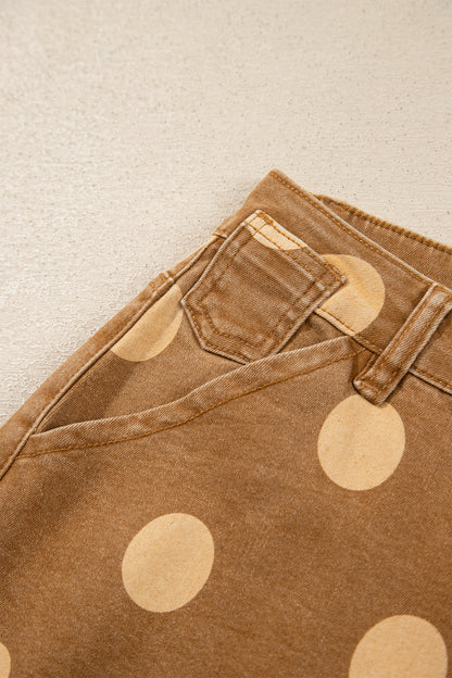 Brown Polka Dot Ankle-Length Metal Button Casual Jeans