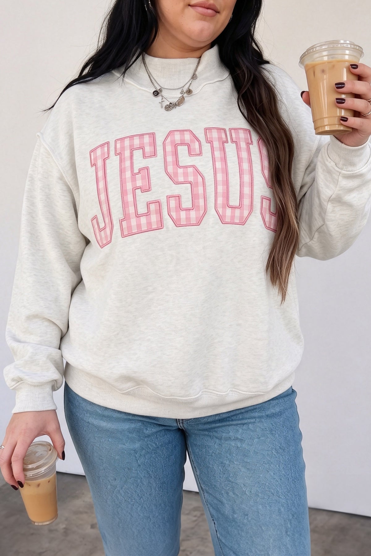 Gray Polka Dot Letter Print Loose Fit Long Sleeve Plus Size Sweatshirt