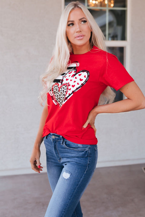 Red Leopard Striped Heart Shaped Print Crew Neck T Shirt