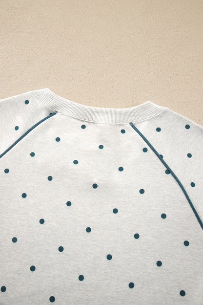 Gray Polka Dot Print Piping Trim 3/4 Sleeve Relaxed Top