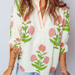 Casual Wild Flower Print V Neck 3/4 Sleeve Blouse