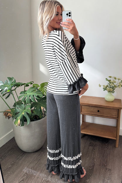 Gray Stripe V Neck Ruffle Contrast Sleeve Top Drawstring Pants 2pcs Set