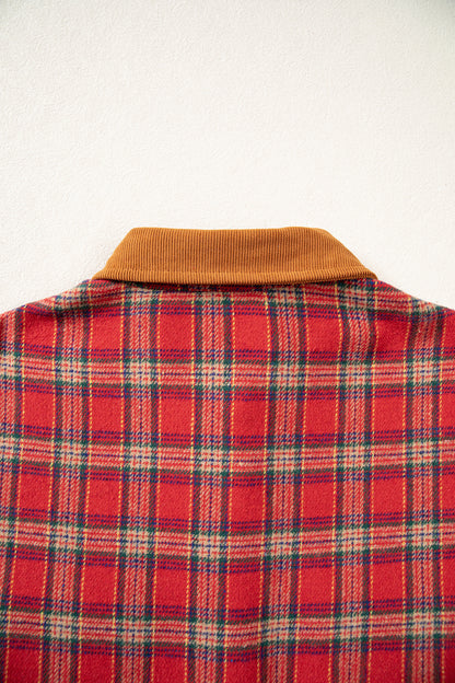 Red Casual Plaid Color Block Collared Button Shacket