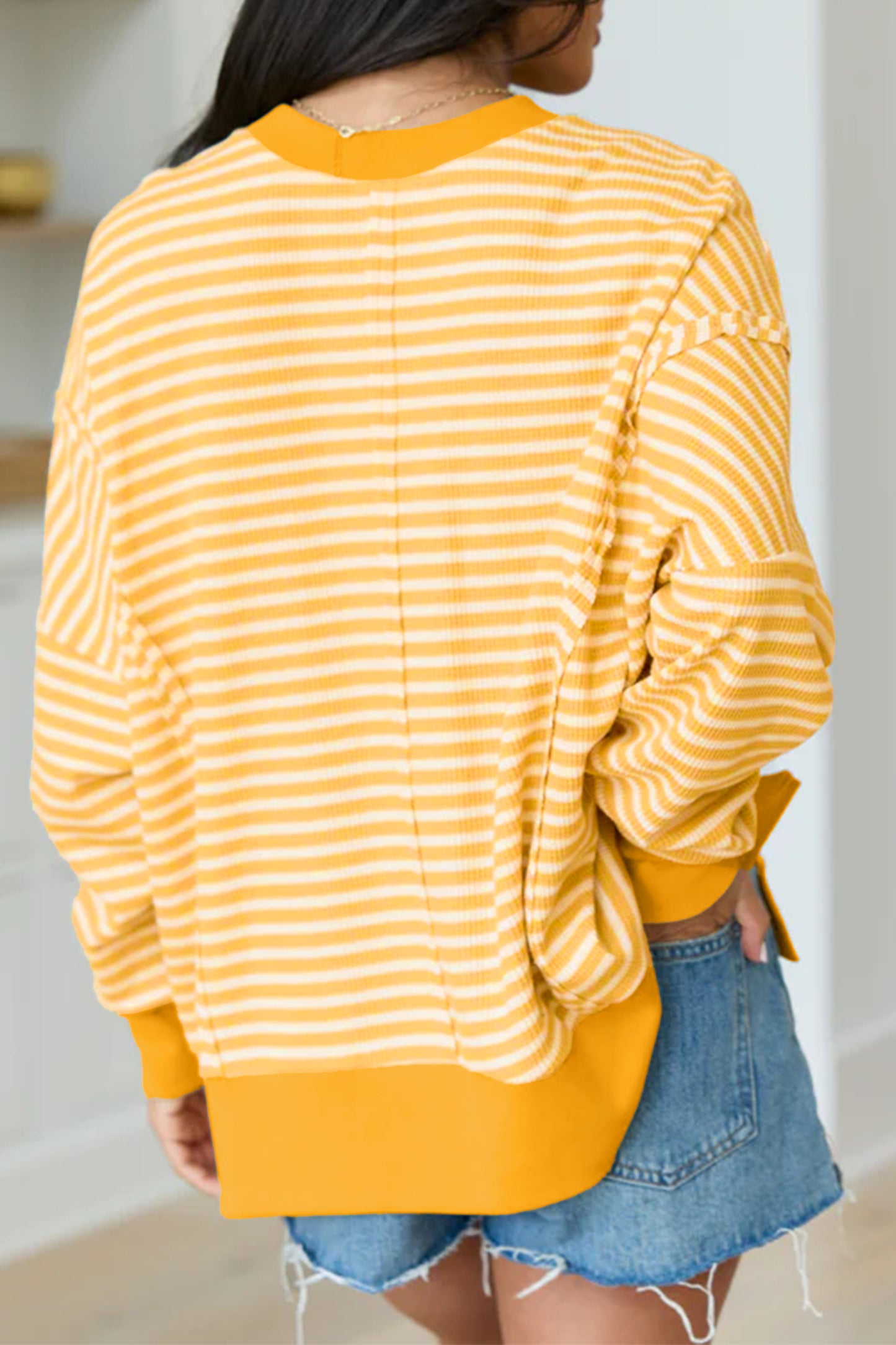 Khaki Stripe Textured Knit Color Block Trim Split Hem Long Sleeve Top