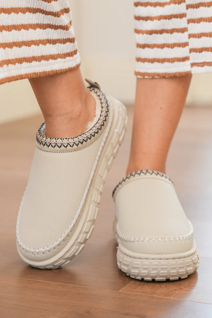 White Faux Suede Woven Trim Plush Lining Platform Slippers