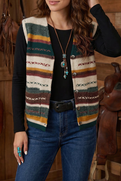 Multicolour Striped Button Front Sleeveless Knit Regular Fit Sweater Vest