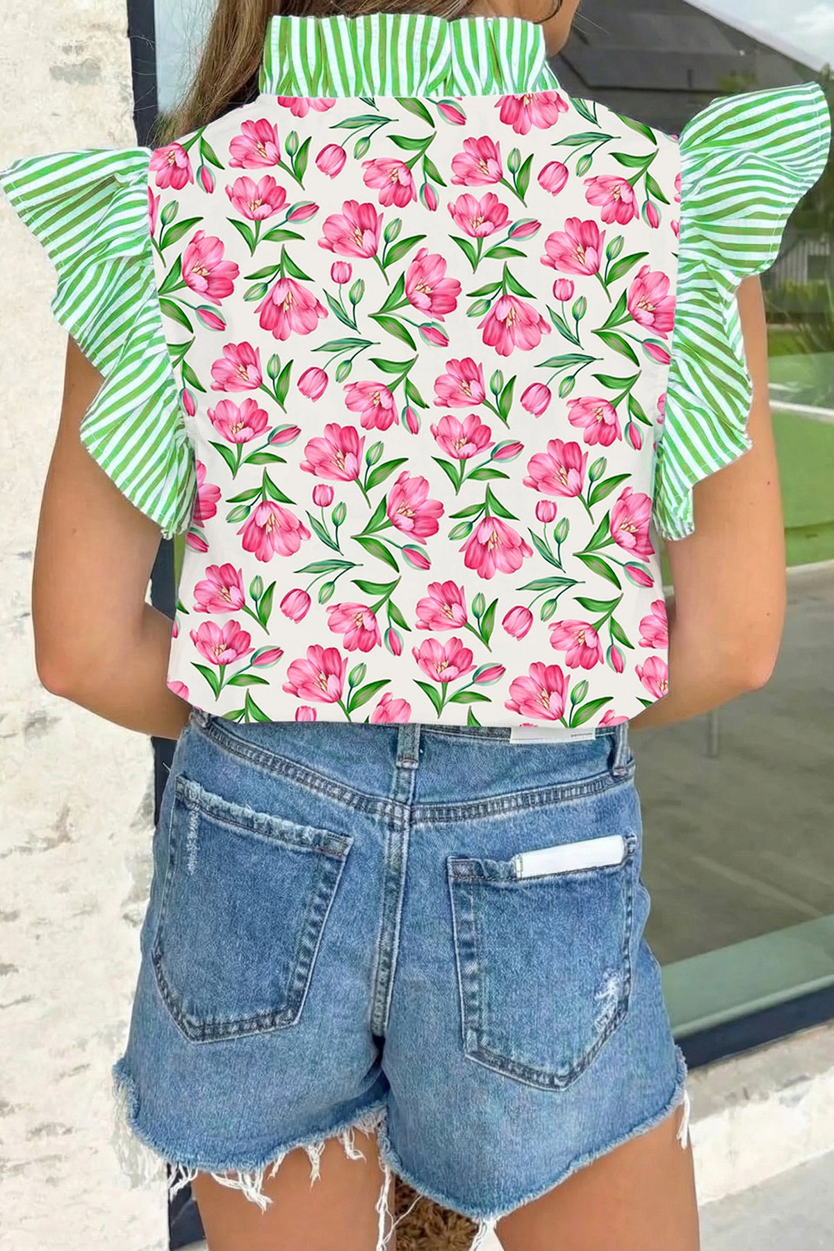Multicolour Sweet Floral Print Striped Ruffle Trim V Neck Blouse
