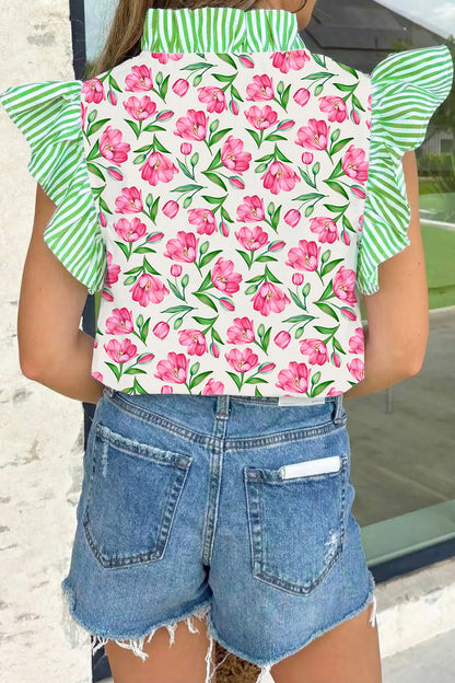 Multicolour Sweet Floral Print Striped Ruffle Trim V Neck Blouse