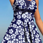 Blue Floral Print Patchwork Bow Knot Detail Sleeveless Swim Dress